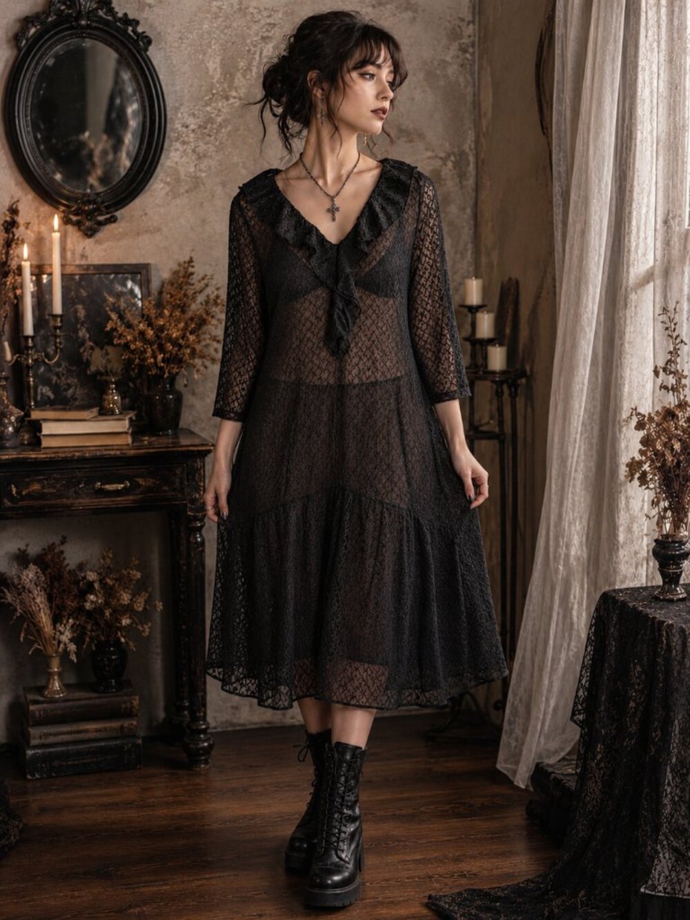 Vintage Bernie Dexter Black Sheer Textured Dress XL Goth Boho Romantic Fairy
